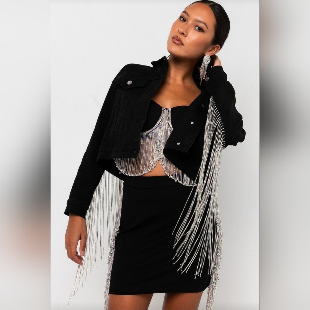 Akira Azalea Wang Jacket Large Rhinestone Fringe Tassel